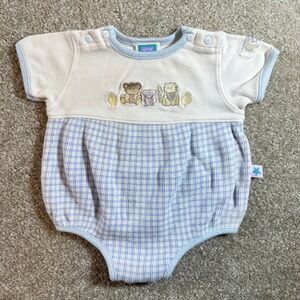 Little Me Baby Romper 9 Months Blue Plaid Teddy Bear Embroidered bodysuit